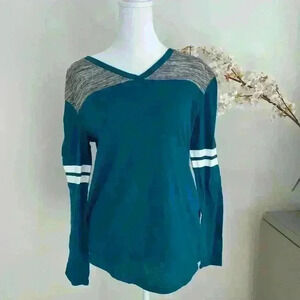 Pink Victorias Secret Womens Long Sleeve Blue Gray White Shirt V Neck